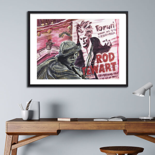 Muzyczny Duet Plakat z koncertu Roda Stewart'a w Toruniu akwarela Andrzej Bączkowski, flisak toruński, rzeźby w Toruniu, rzeźba Flisaka, akwarele galeria