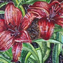 Czerwone lilie w ogrodzie akwarela Andrzej Bączkowski Czerwone lilie w ogrodzie akwarela Andrzej Bączkowski, obrazy na prezent, obrazy akwarele