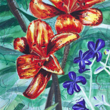 Lilie w Ogrodzie akwarela Andrzej Bączkowski, obrazy kwiaty