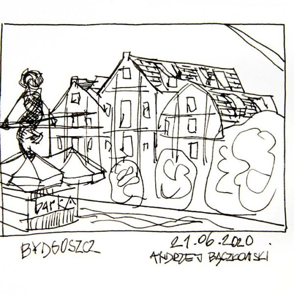 Spichrze w Bydgoszczy, rysunek tuszem Andrzej Bączkowski