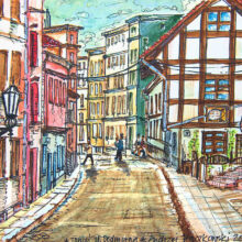 Uliczka Podmurna, stare miasto Toruń, akwarela Andrzej Baczkowski