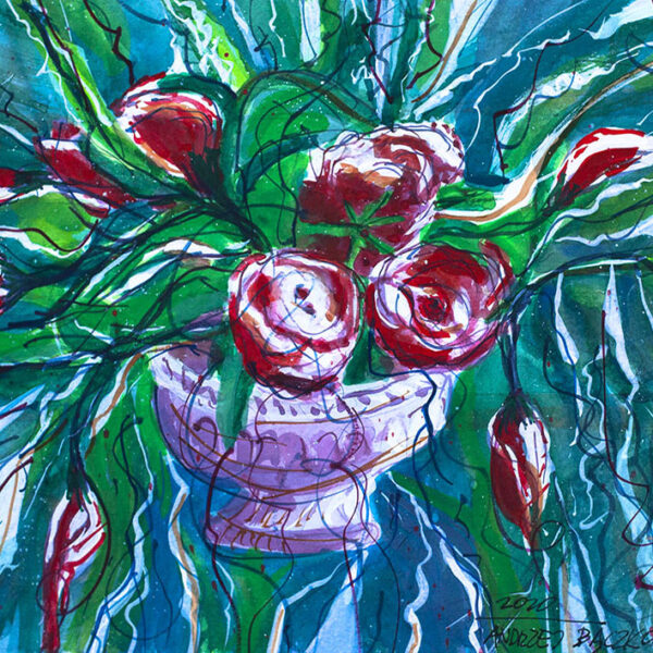 Róże w Wazonie akwarela autor Andrzej Baczkowski, obrazy ręcznie malowane kwiaty