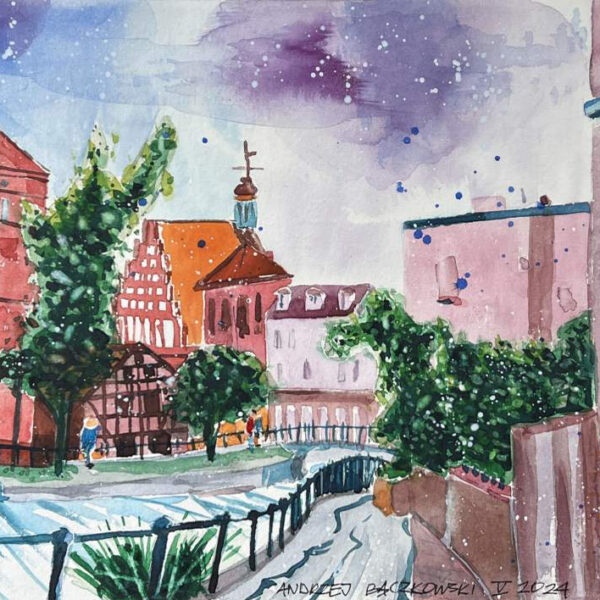 Wenecja Bydgoska akwarela autor Andrzej Bączkowski