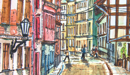 Krajobrazy Miejskie uliczka Podmurna w Toruniu akwarela Andrzej Bączkowski