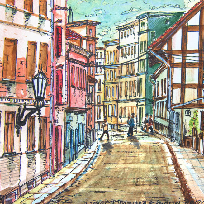 Krajobrazy Miejskie uliczka Podmurna w Toruniu akwarela Andrzej Bączkowski
