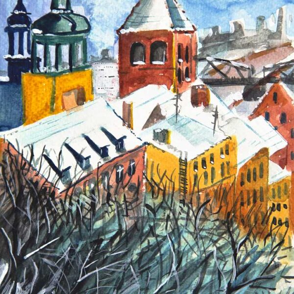 Widok z góry Zamkowej na panoramę Grudziądza akwarela Andrzej Bączkowski, widoki Grudziądza obrazy