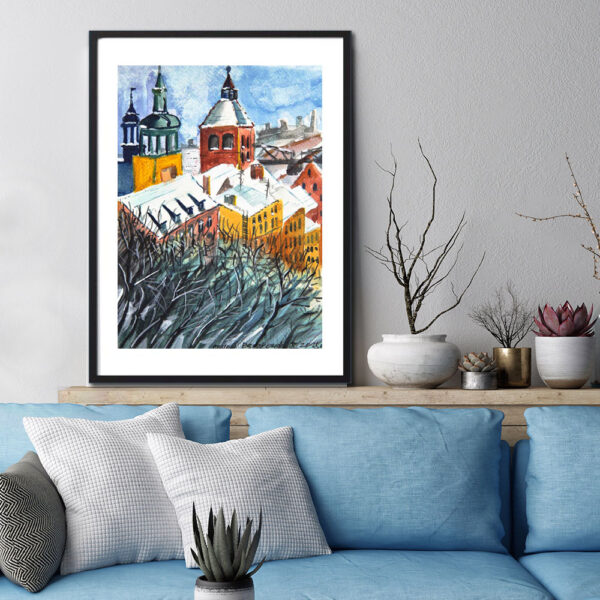 Widok z góry Zamkowej na panoramę Grudziądza akwarela Andrzej Bączkowski, widoki Grudziądza obrazy